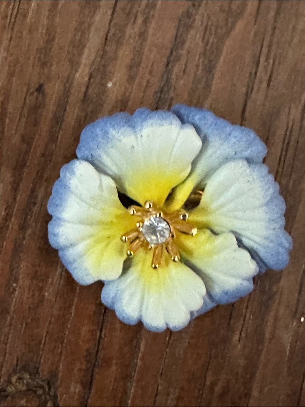 Joan Rivers Blue, Yellow & White Pansy Floral Brooch with Crystal Center